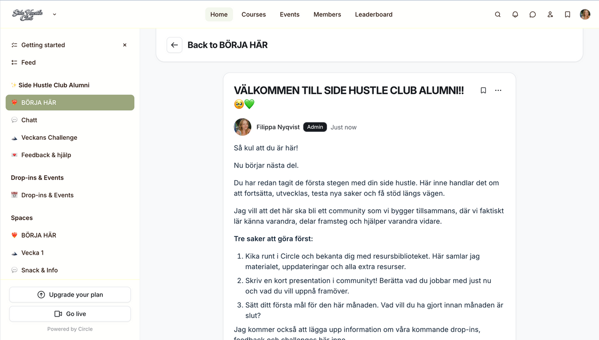 En titt in i Side Hustle Club Alumni på Circle